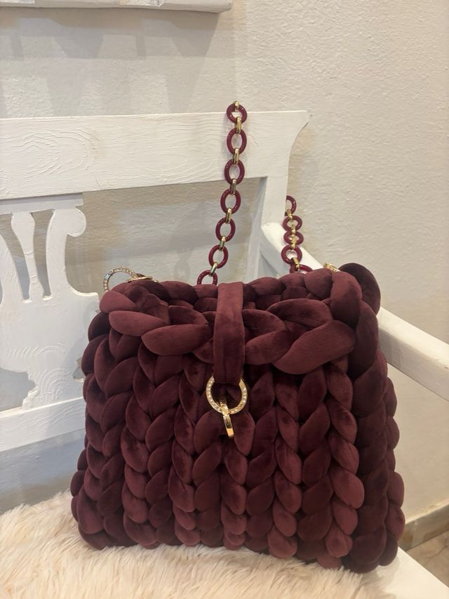 Borsa Chunky Velluto Borgogna Catena Oro