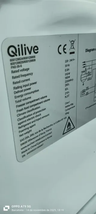 NEVERA COMBI QILIVE FREEZER ENERGÍA A+