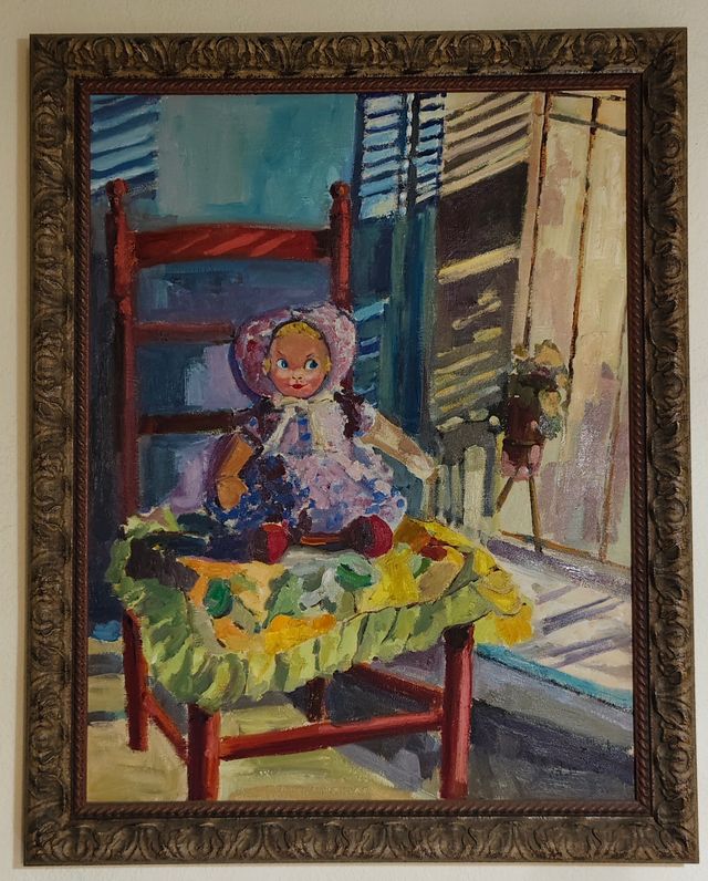 Bella bambola antica in cellauloide e stoffa + quadro