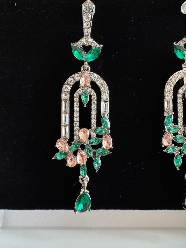 Brincos Art Deco Verdes e Rosas