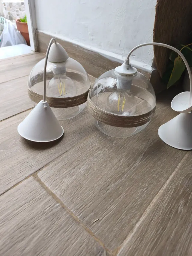 2 Lámparas Colgantes Cristal y Yute