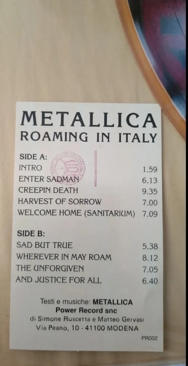 Metallica Live Bootleg Picture Disc Italia