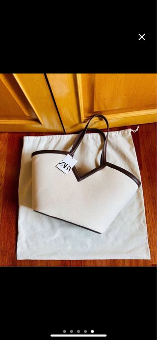 Bolso Zara shopper lona beige y marrón