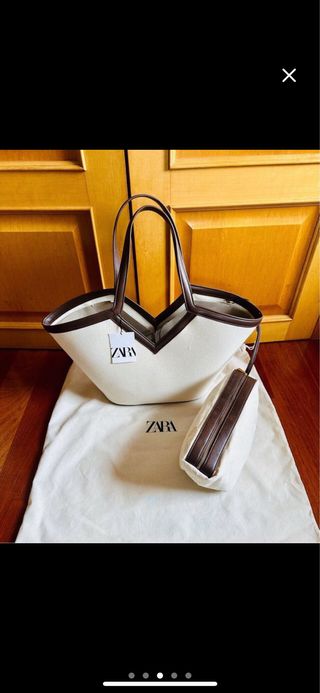 Bolso Zara shopper lona beige y marrón