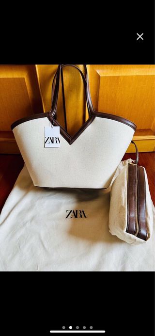 Bolso Zara shopper lona beige y marrón
