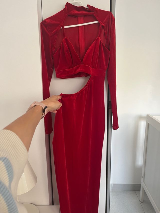 Vestido rojo terciopelo cut out manga larga Shein