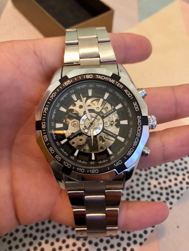 Reloj Winner Automático Esqueleto Plata Negro