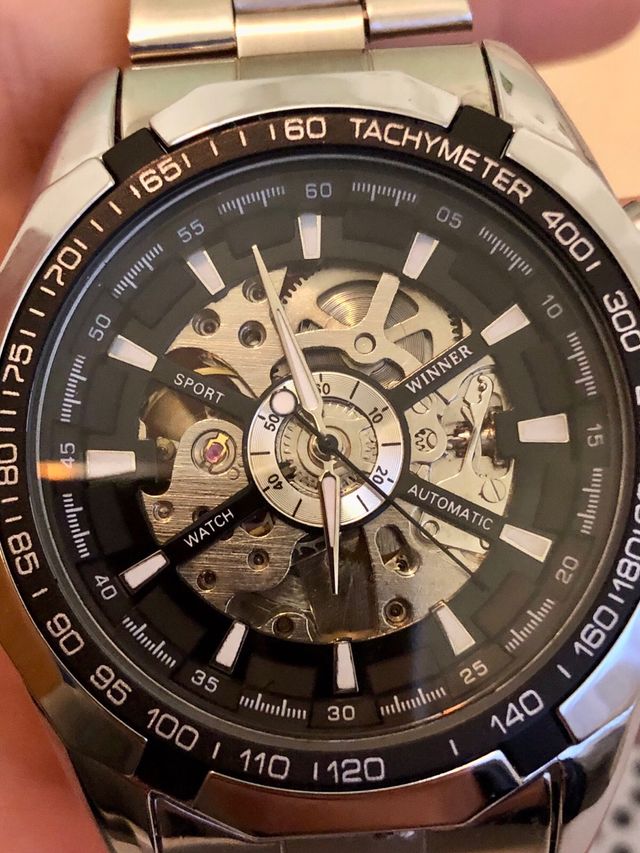 Reloj Winner Automático Esqueleto Plata Negro