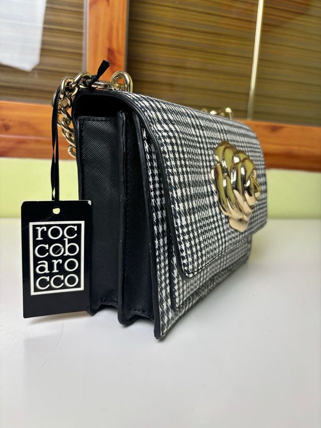 Bolso Roccobarocco Cadena Dorada Negro Blanco