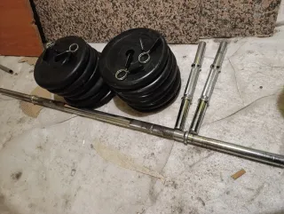 Pack Pesas Domyos 76kg: Discos, Barra y Mancuernas