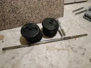 Pack Pesas Domyos 76kg: Discos, Barra y Mancuernas