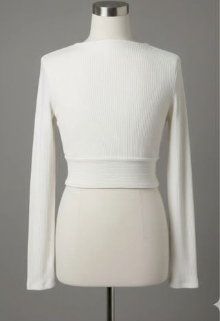 Top corto donna coste scollo V bianco