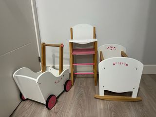 Juguetes madera: cuna, trona y carro