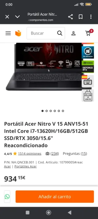Acer Nitro V15/Intel Core I7/RTX 3050
