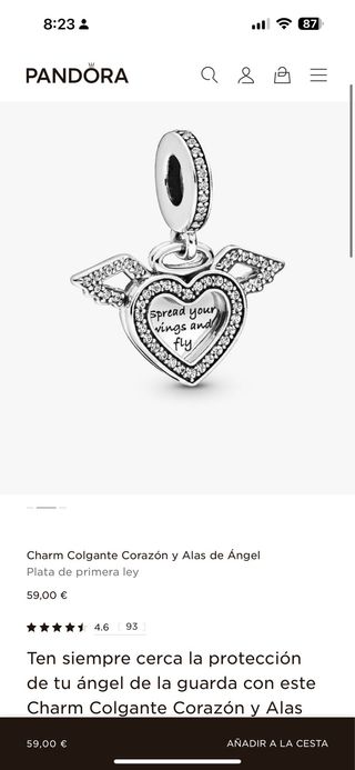 Pulsera Pandora mas charm Corazón Alas Ángel Plata