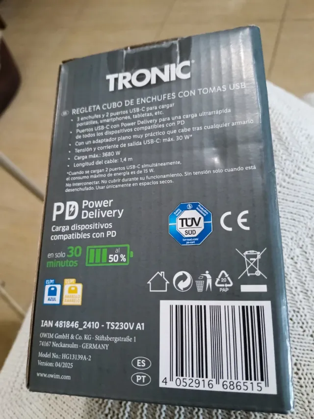 Regleta Cubo Enchufes TRONIC con USB