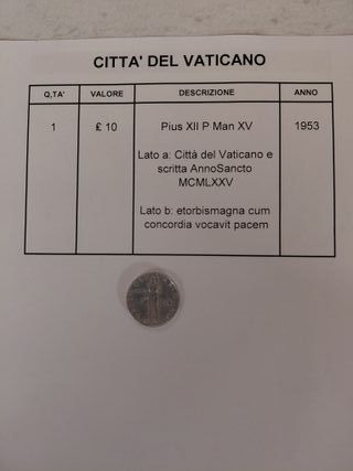 Moneta Città del Vaticano 10 Lire 1953