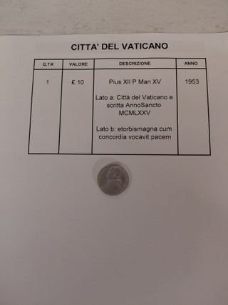 Moneta Città del Vaticano 10 Lire 1953
