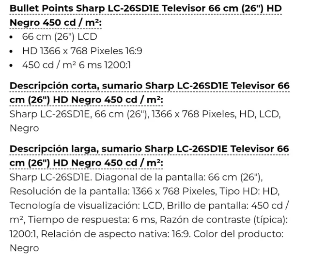 Televisor Sharp LC-26SD1E 26 HD Negro