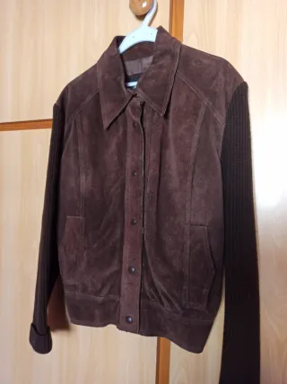 Chaqueta Mango Piel y Lana Marrón Mujer