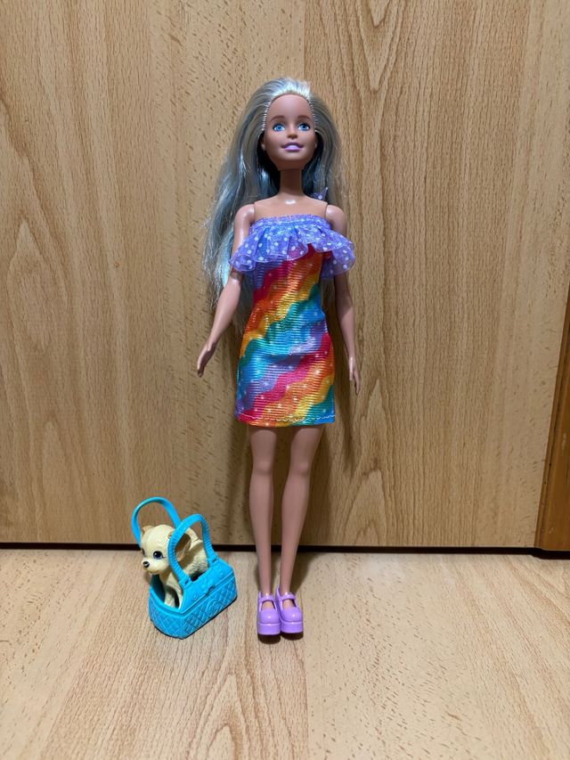 Barbie con vestido arcoíris y perrito