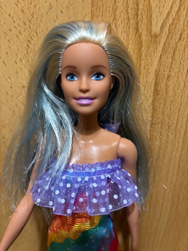 Barbie con vestido arcoíris y perrito
