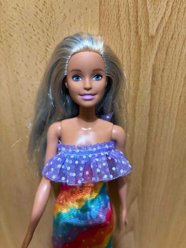 Barbie con vestido arcoíris y perrito