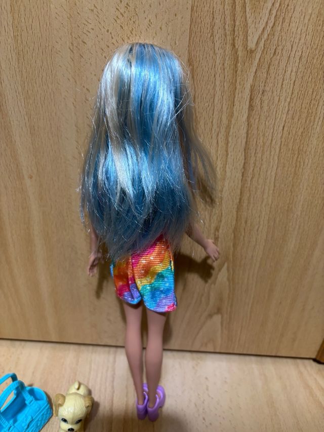 Barbie con vestido arcoíris y perrito