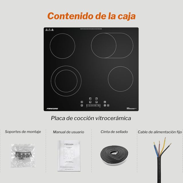 PLACA VITROCERÁMICA 4 FUEGOS 7200W 60CM SEGURIDAD