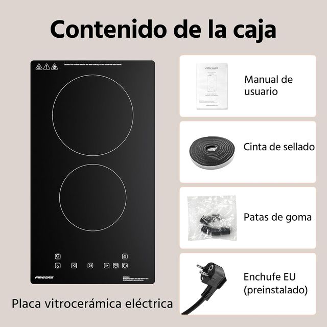 PLACA VITROCERÁMICA 2 FUEGOS 3000W 29CM TÁCTIL