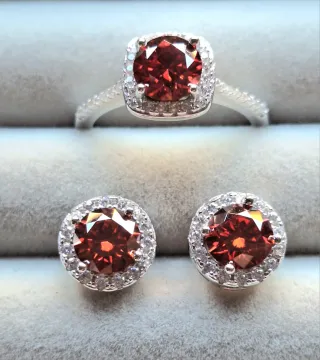 Anillo y Pendientes Moissanita Roja Plata