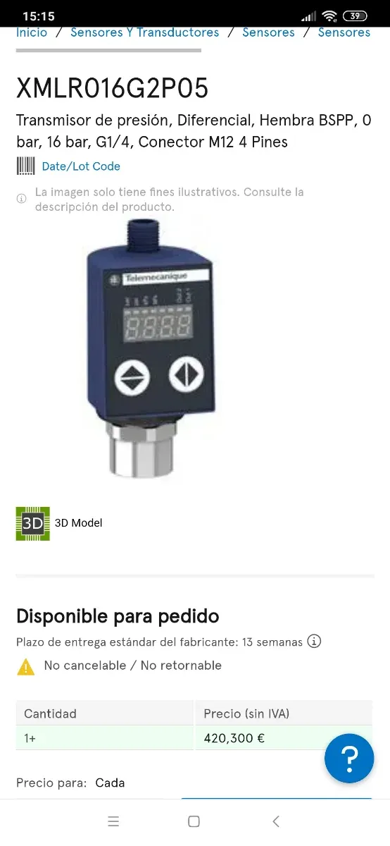 Sensor de Presión Telemecanique XMLR