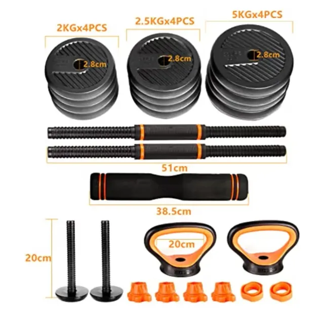 Set Mancuernas Ajustables + Barra + Kettlebell