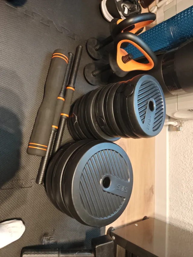 Set Mancuernas Ajustables + Barra + Kettlebell