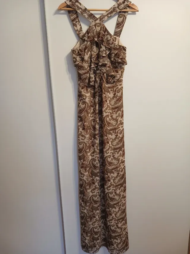 Vestido largo pedrería beige y marrón