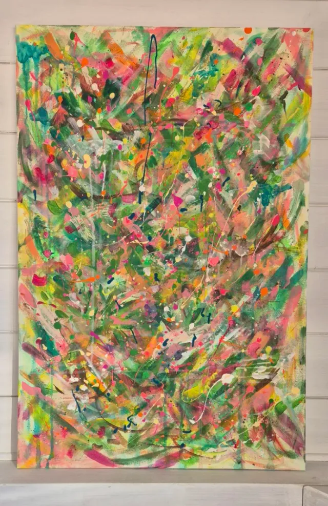 Quadro astratto verde e rosa