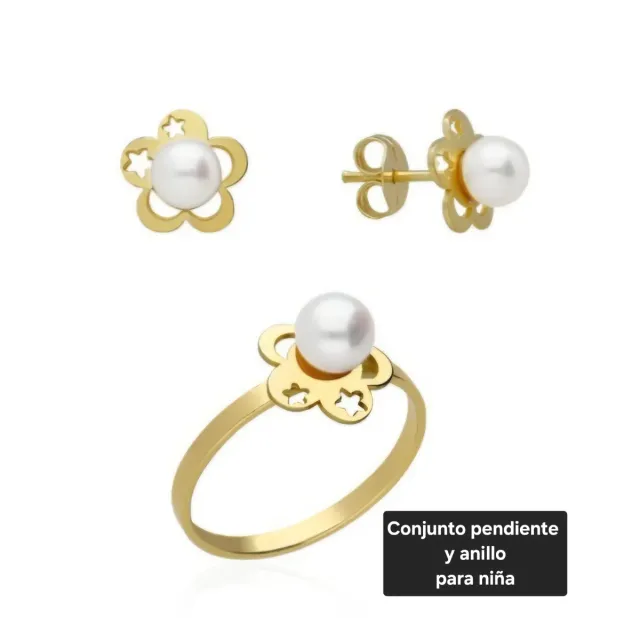 Conjunto Anillo y Pendientes Niña Perla plata ley