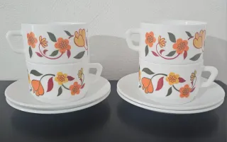 4 tazze e piattini con disegno tulipano vintage