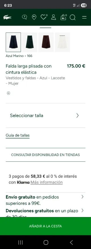 Falda Lacoste tablas negra talla S