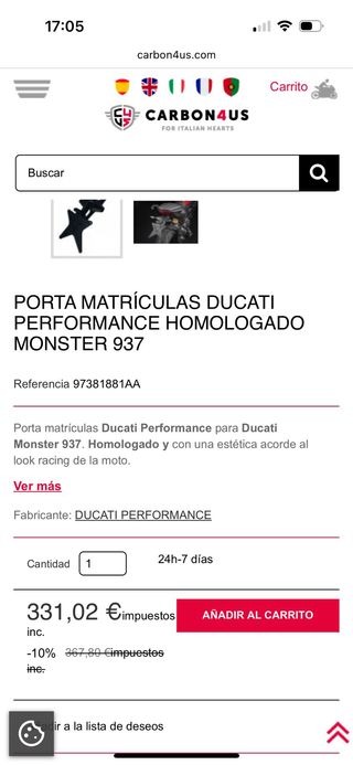 Portamatrículas Ducati Performance Monster 937