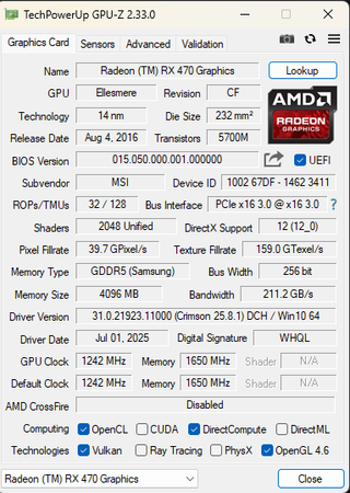MSI RX 470 4GB Tarjeta Gráfica