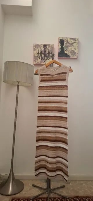 Vestito lungo uncinetto beige e marrone