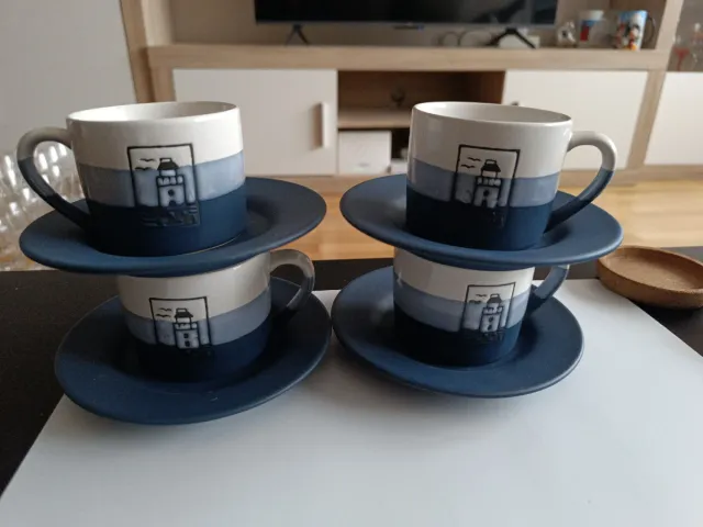 Juego 4 Tazas Café Cerámica Azul Blanco