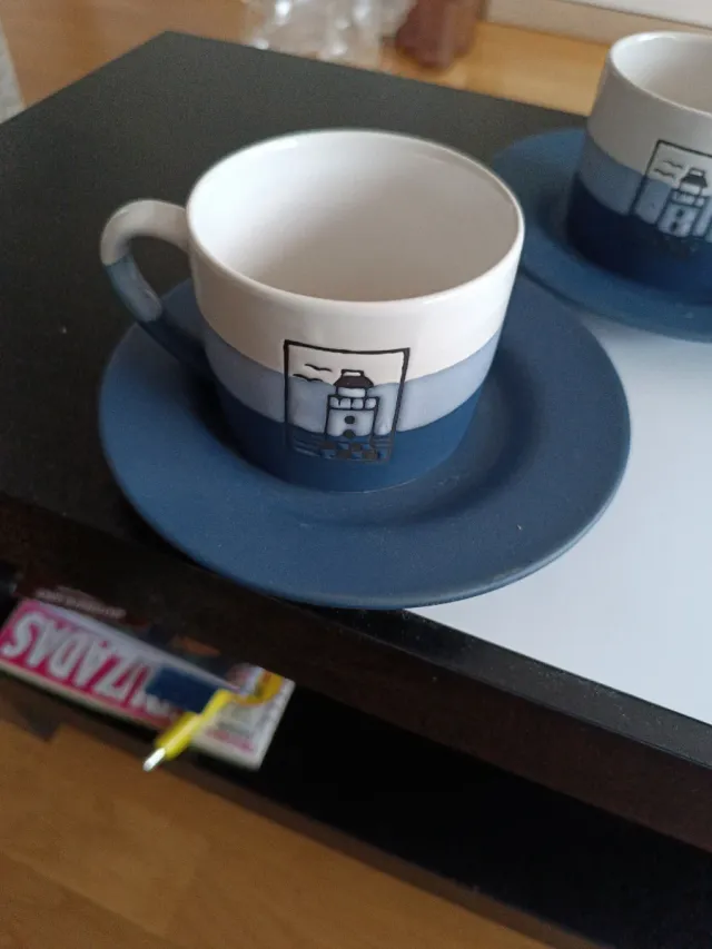 Juego 4 Tazas Café Cerámica Azul Blanco
