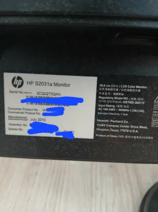 Monitor HP S2031a Negro