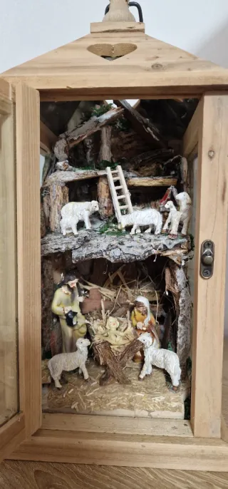 Lanterna Presepe Legno Sughero Vetro Con lucine