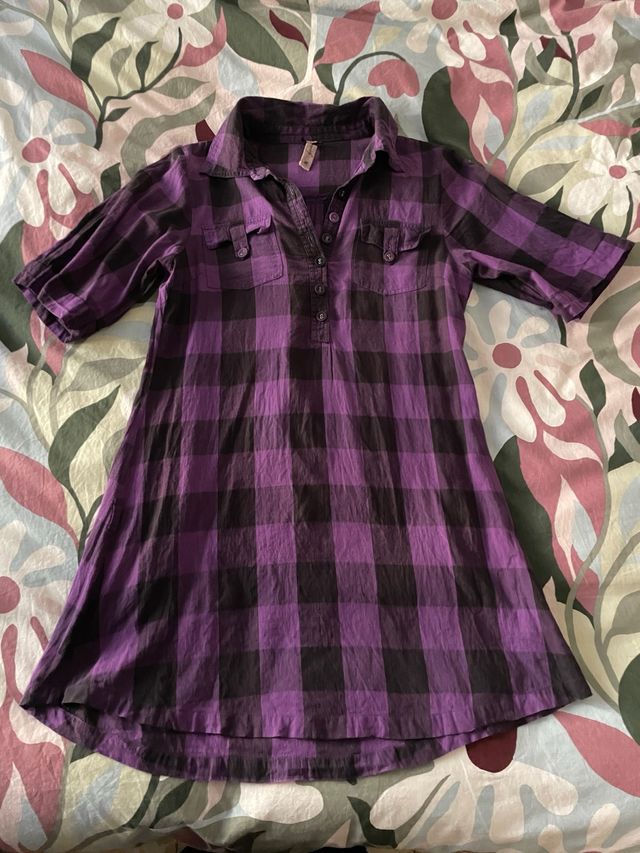Camisa larga cuadros morado y negro