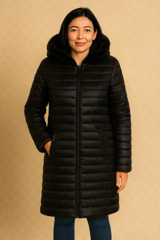 Abrigo acolchado con capucha de pelo