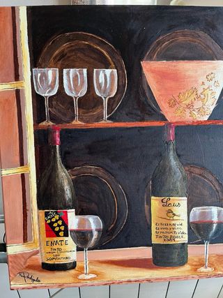 2 quadri ad olio. Natura morta Vino e Calici