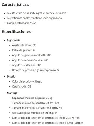 Soporte Monitor Hidráulico 13-27 Max 6.5Kg